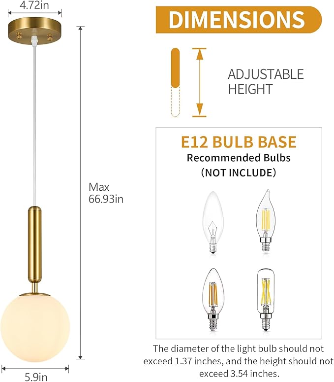 Modern Hanging Light Fixture Pendant Lighting for Kitchen Island Mid Century Gold Pendant Lights with Globe Milky White Glass Pendant Light for Bedroom Bathroom Entryway (1 Pack)