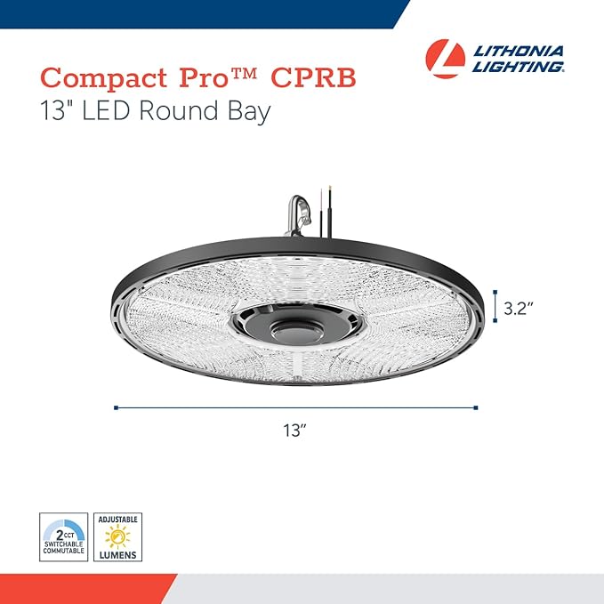 Lithonia Lighting Compact Pro Round LED High Bay Light, Ceiling Lighting Fixture, Adjustable 12000/15000/18000 Lumens, Selectable 4000K/5000K, UVOLT 120–347V, Black (CPRB ALO13 UVOLT SWW9 80CRI DBL)