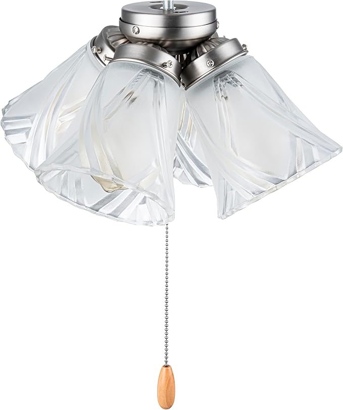Aspen Creative 22016-3, Four-Light Ceiling Fan Light Kit with Pull Chain, Brushed Nickel Finish with Frosted and Clear Glass Shades, 14" Diameter x 7-3/8" Height