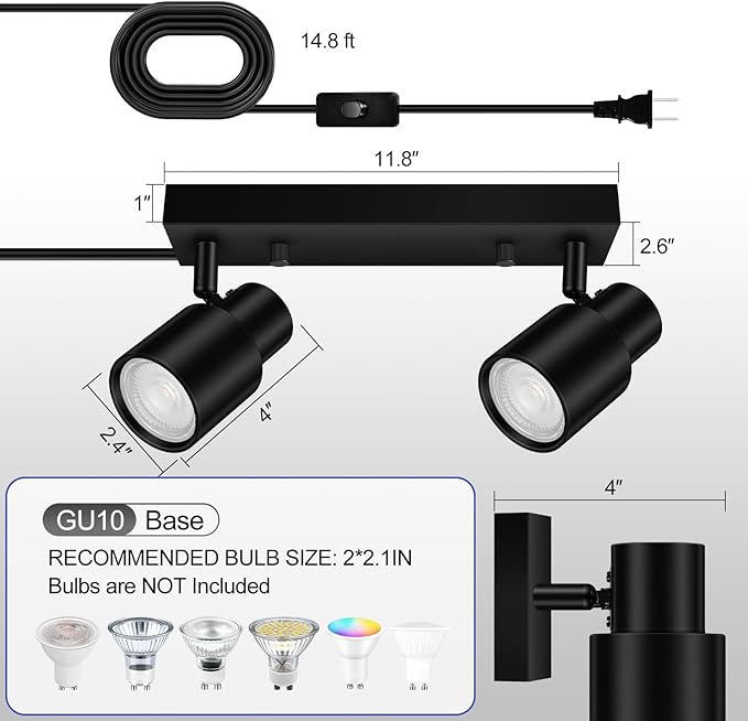 Plug in Track Lighting Fixtures Ceiling, Black Track Light LED, 2-Light Plug in Wall Lights with Cord, 2 Way Ceiling Spotlight, Rocker Switch, Rotatable Spotlight for Bedroom, Bulb Not Included