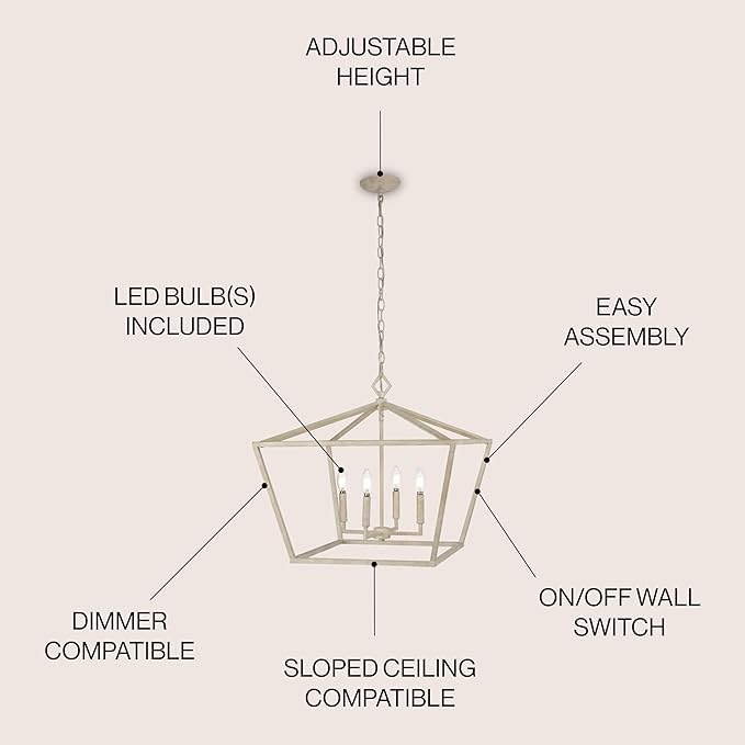 JONATHAN Y 23" Antique White 4-Light Rustic Glam Adjustable Iron LED Pendant, Open Cage Lantern Hanging Light for Dining Room, Kitchen Island, Foyer, Farmhouse French Country JYL7520A