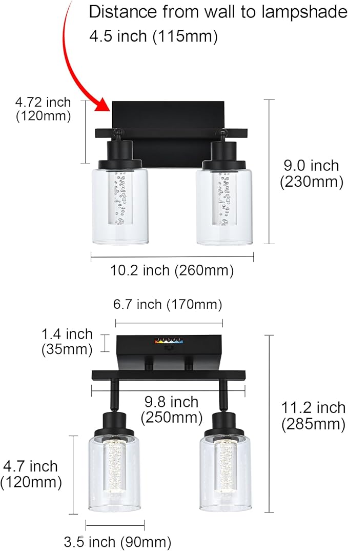 MELUCEE 2 Lights LED Tracking Light Ceiling Kitchen Ceiling Light Fixtures Rotatable Spotlight Black Bathroom Vanity Lights Wall Mounted Lamp with Clear Glass, Built-in LED Chips, 5-Color Temperature