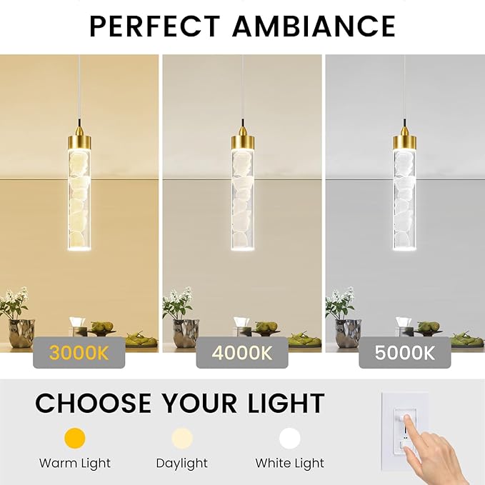Pendant Lights Kitchen Island, Modern Mini Pendant Light Fixtures with Crystal Stone, Dimmable LED Chandelier, Gold Hanging Light Fixture for Dining Room Hallway, 3000K/4000K/5000K Adjustable, ETL