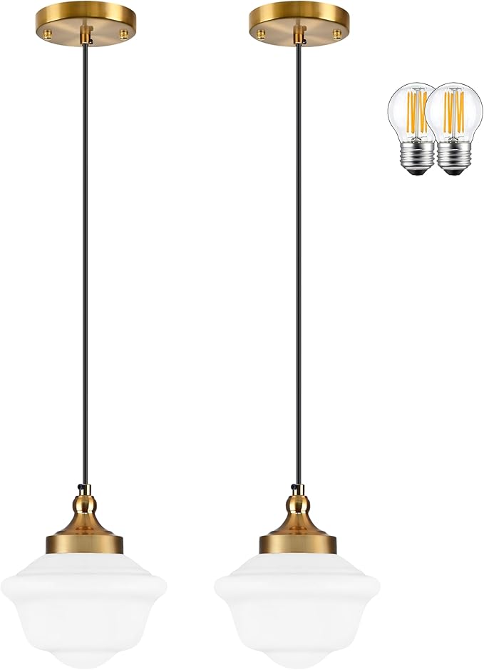Bagood 2 Pack 8" Gold Schoolhouse Light Fixture Milk Glass Pendant Light Schoolhouse Pendant Light Milk Glass Light Fixture Mid Century Modern Light Fixture for Bedroom Bathroom Kitchen (Bulb Incl.)