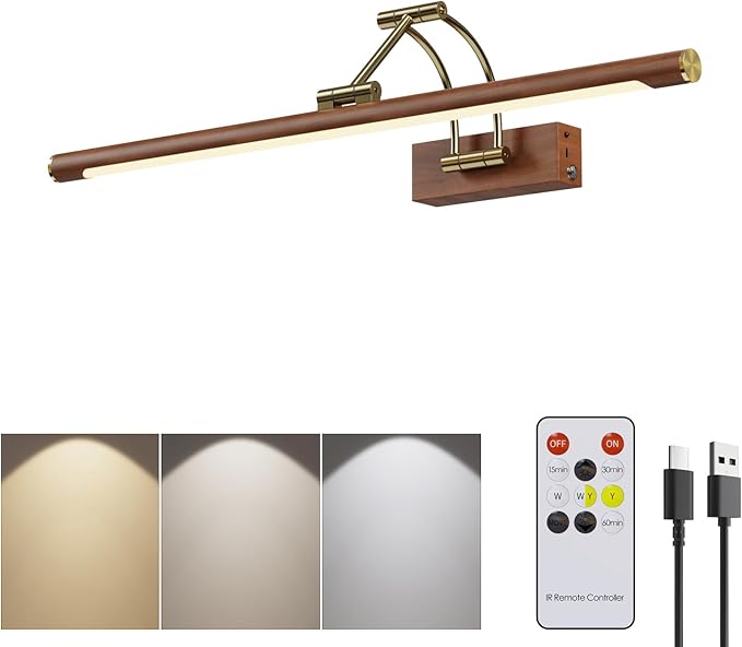 Wireless Picture Lights for Wall Rechargeable,16 inch Battery Operated Art Light for Paintings,3CCT Dimmable with Remote,Rotatable Gallery Light for Pictures Display,Wood