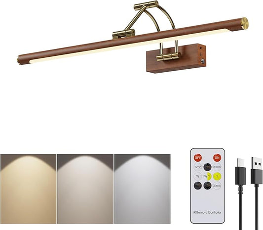 Wireless Picture Lights for Wall Rechargeable,16 inch Battery Operated Art Light for Paintings,3CCT Dimmable with Remote,Rotatable Gallery Light for Pictures Display,Wood