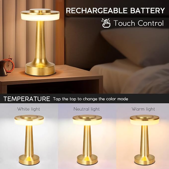 JHPGEOE Cordless Metal Desk Lamp, Touch Sensor Control LED Table lamp,3 Color Stepless Dimmable Battery Powered Lamp for Living Room, Dorm, Home Office(Light Gold)
