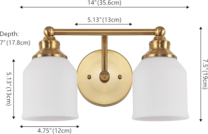 JONATHAN Y 14" Brass Gold/White Modern Farmhouse LED Vanity Light Wall Sconce Fixture, Frosted White Glass Shade, Dimmable Wall Lamp for Bathroom Mirror Kitchen Sink, UL Listed (JYL7550B)