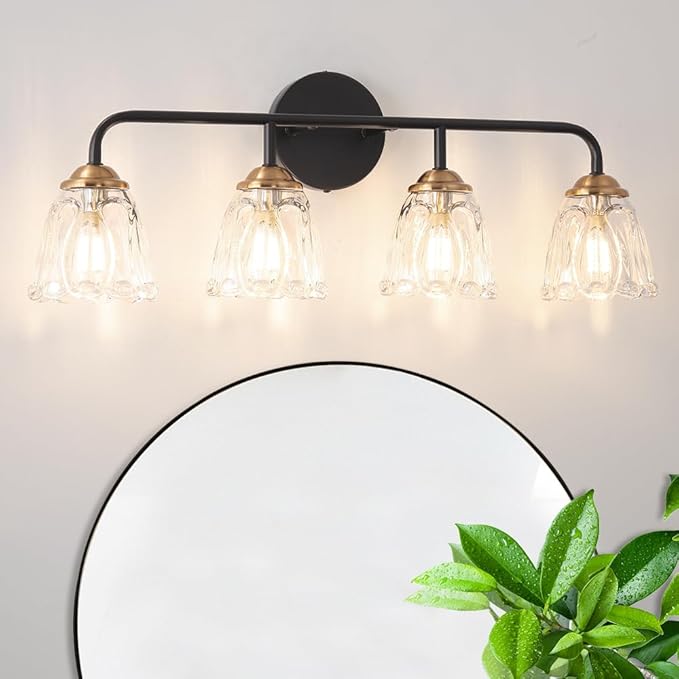 Daunton 4-Light Vintage Vanity Light, Black and Gold Bathroom Vanity Light Fixtures Over Mirror, Elegant Bathroom Light Fixtures with Clear Glass Shade, Wall Sconce Lighting for Bedroom, Living Room