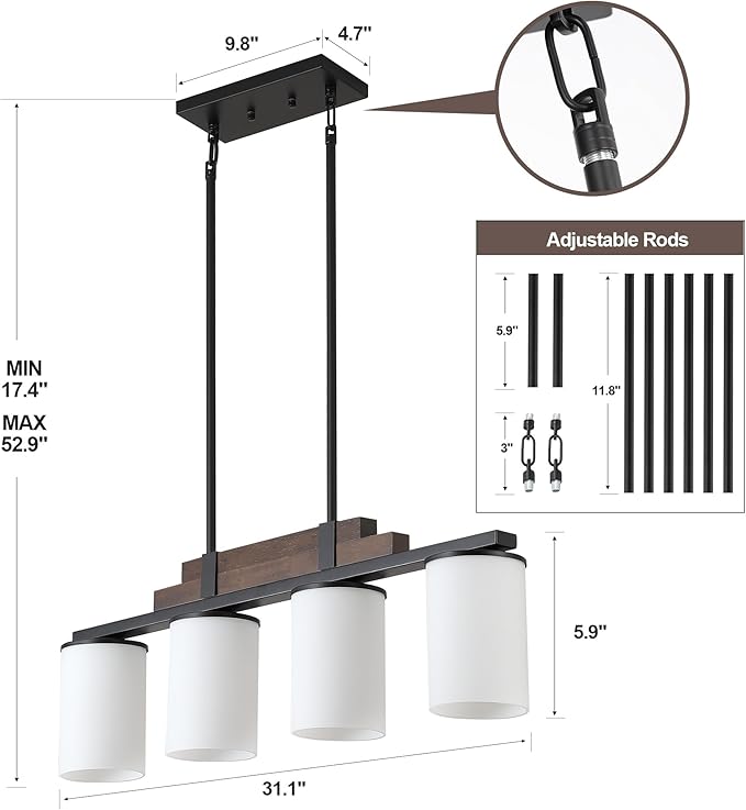Farmhouse Wood Kitchen Island Lighting, 4-Light Adjustable Chandelier for Dining Room, Milk Glass Shade Dining Room Light Fixture Over Table, Black Hanging Pendant Lights for Kitchen, Pool Table