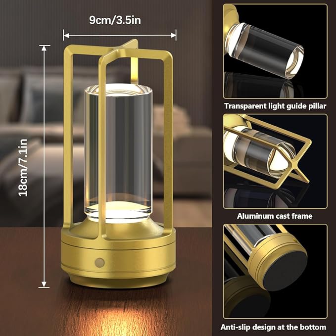 Small Cordless Table Lamps Rechargeable Set of 2 for Indoor/Outdoor, Portable Battery Operated Powered Lamps, Dimmable 3 Color Modes Waterproof, LED Desk Lights for Bedroom/Restaurant/Camping-Gold