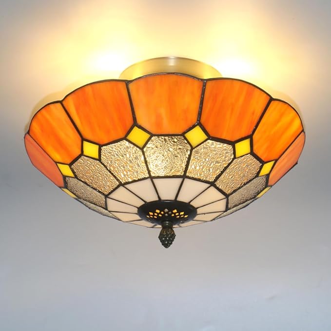 12 Inch Tiffany Style Vintage Stained Glass Ceiling Light Flush Mount Ceiling Light Pendent Chandelier Lighing Fixtures (12 Inch Orange)