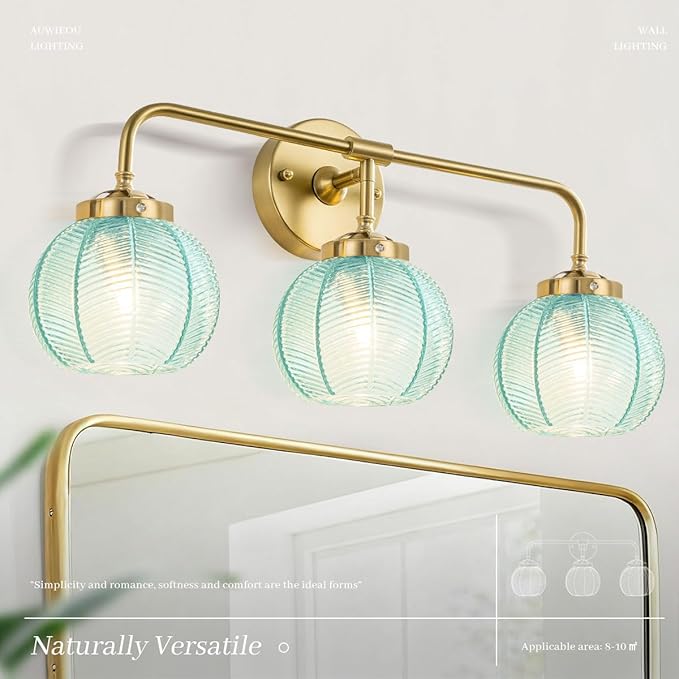 Gold Bathroom Lights Over Mirror, 3 Light Vintage Wall sconces with Blue Glass Shade Bathroom Vanity Lights mid Century Wall Sconce Light Glass Wall Lighting Fixture for Bedside Bedroom Doorway