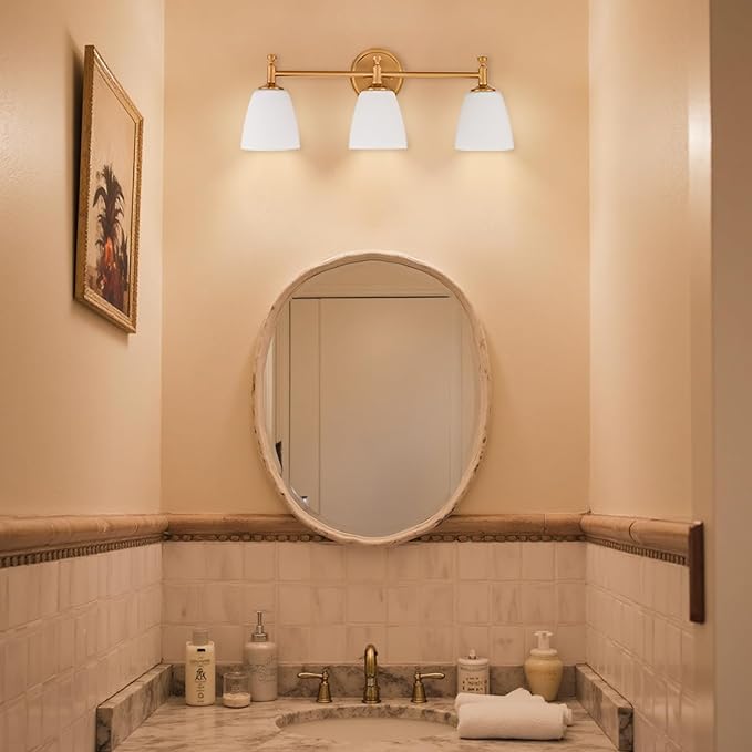 Vintage Bathroom Vanity Light Fixture, 3-Light Bathroom Lighting Fixtures Over Mirror, Antique Brass Finish with Frosted Milk Glass Shade, Wall Sconces Lighting for Bedroom, Living Room, Hallway, Sink