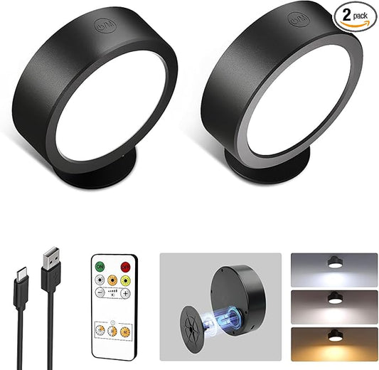 EZVALO Battery Operated Wall Sconce, 3000mAh Rechargeable Cordless Wall Sconce, Dimmable with Remote & Touch Control, 3 Color Temps, 360° Rotatable for Bedroom, Bedside, Reading (Black, 2 Pack)