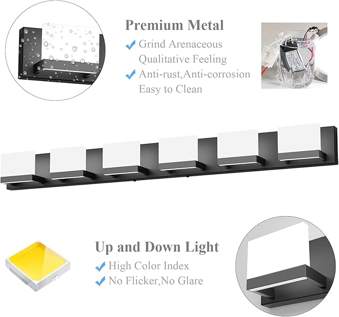 Tipace Dimmable Modern 6 Lights LED Vanity Light for Bathroom Up and Down Black Bathroom Wall Light Fixtures Over Mirror(White Light 6000K)