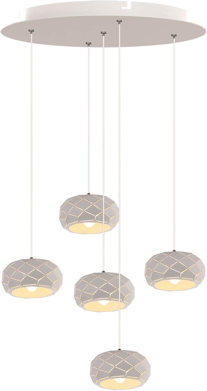 Crust 5 Mini Pendant Lighting White - LED Hanging Light Fixture for Kitchen Island, Bar, Foyer - Cluster Pendants - Dimmable, Adjustable Wire, Lamp Bulb Included