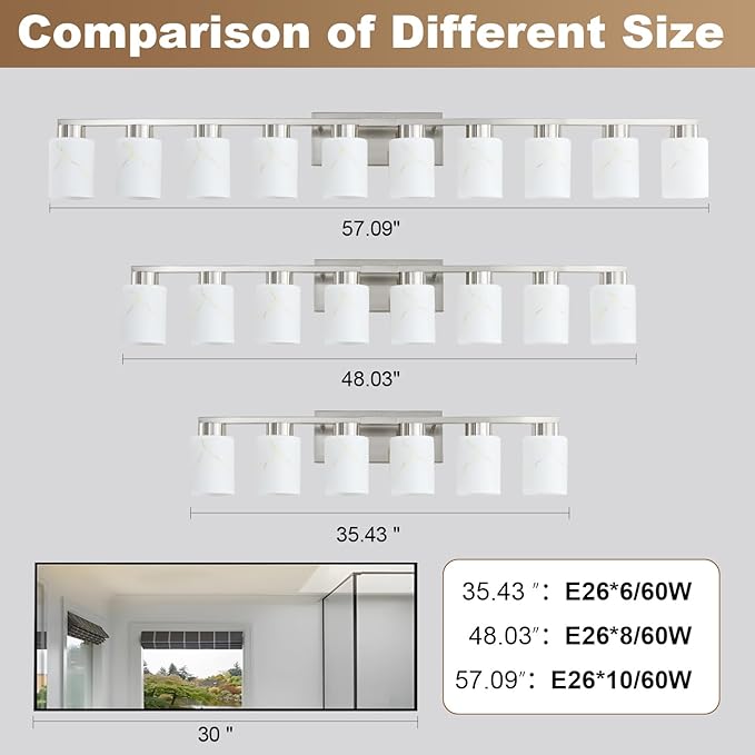 8-Light Bathroom Light Fixtures, Modern Vanity Lights, Brushed Nickel Metal Wall Lamp with White Marble Glass for Bathroom, Mirror, Living Room, Bedroom, Cabinet, Porch, Hallway, E26 Base