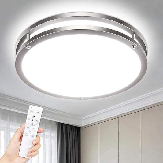 libtit 13 Inch Flush Mount Ceiling Lights with Remote, 24W Dimmable LED Ceiling Light with Nightlight and Timer, 3000K-6500K Adjustable Brushed Nickel Light Fixture for Bedroom Kitchen Bathroom