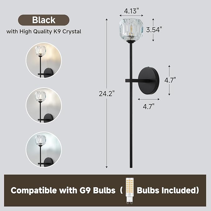 Black Crystal Wall Sconces Set of Two with G9 Bulbs, Mid Century Modern Diamond Light Brass Vintage Long Lighting Fixture Hardwired for Elegant Vanity Living Room Bedroom Bathroom Hallway