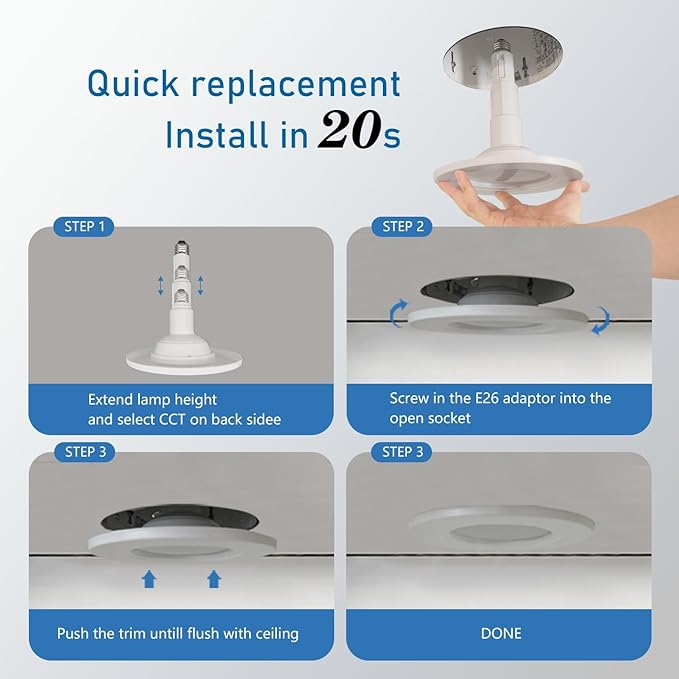 Jolux 5/6 Inch 5CCT Retrofit LED Recessed Lighting 6 Pack, Adjustable 5CCT 2700K-5000K, LED Replacement Can Lights,Dimmable,12=60W, E26 Base, Flat Trim,Easy Retrofit Downlight Installation.