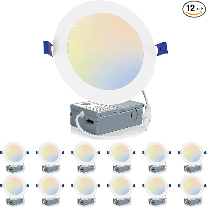 Meconard 12 Pack 6 Inch LED Recessed Ceiling Light, 2700K/3000K/3500K/4000K/5000K Selectable, Dimmable 12W=110W, 1050LM, IC Rated Can-Killer Downlights with Junction Box, ETL and Energy Star Listed