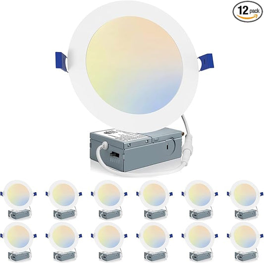 Meconard 12 Pack 6 Inch LED Recessed Ceiling Light, 2700K/3000K/3500K/4000K/5000K Selectable, Dimmable 12W=110W, 1050LM, IC Rated Can-Killer Downlights with Junction Box, ETL and Energy Star Listed