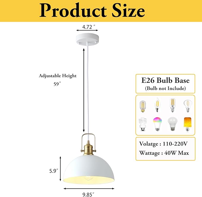 Kitchen Pendant Lighting Over Island 2 Pack, Modern White Gold Metal Pendant Lights, Ceiling Hanging for Kitchen Living Dining Room Restaurant Hallway Entrance