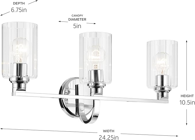 Kichler Gioe 24.25" 3-Light Bathroom Vanity Light Fixture with Clear Fluted Glass in Chrome, Damp Rated for Bathroom Over Mirror, Modern Style (24.25" W x 10.5" H), 55226CHFLU