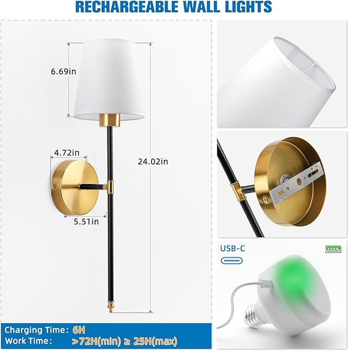 NIORSUN Battery Operated Wall Sconce Set of 2,Black-Gold Rechargeable Wall Lights with 5200mAh Dimmable Bulbs and Remote,10 Colors Wireless Wall Lamps for Bedroom Living Room Hallway Decor