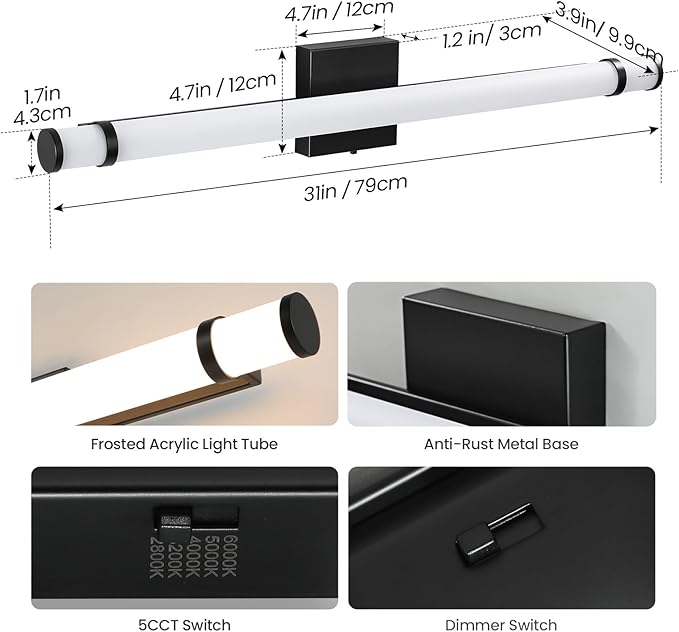 Modern Bathroom Vanity Light 31 Inch Black Bathroom Light Fixtures Over Mirror 19W Dimmable 5CCT LED Vanity Light Bar for Bathroom Mirror Cabinets Bedroom(Built-in Dimmer)