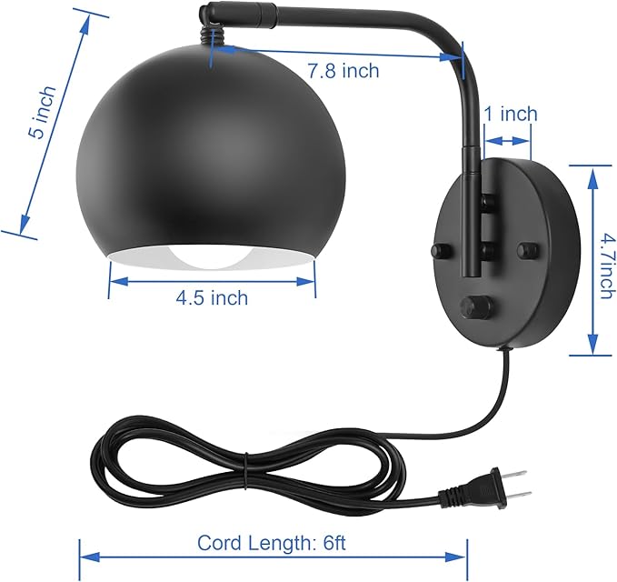 VATONI Wall Sconce with Remote Control, Dimmable Plug in Wall Sconces and Adjustable Color Temperature 2700K~6000K, Globe Swing Arm Wall Lights with Plug in Cord(2 Pack, 2 Bulbs)