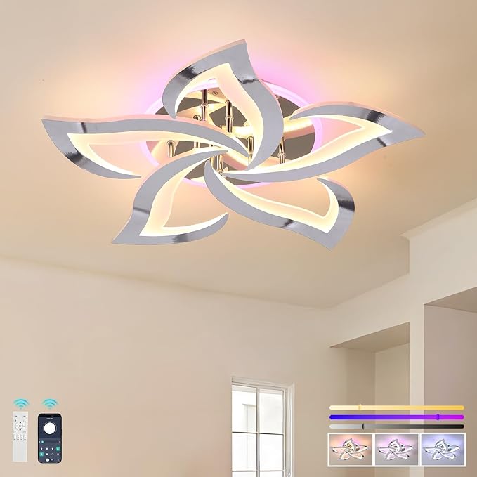 Modern Ceiling Light,50W Flush Mount Ceiling Lights,Dimmable Ceiling Lamp with Remote,Acrylic Ceiling Lamps Fixture for Living Room Dining Room Bedroom,Kitchen,3000-6000K,Chrome