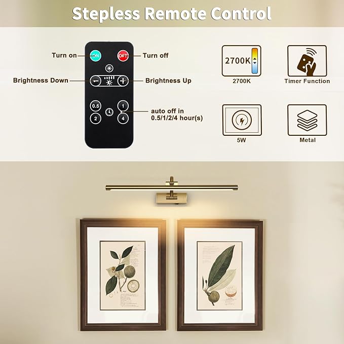 DESOOP Wireless Picture Lights with Remote and Timer Rechargeable Brass Gallery Lighting Battery Operated Art Lights Over Frame Portrait 5W 24'' Inch Warm White