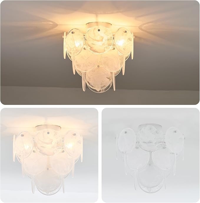 Modern Glass Flush Mount Light Fixture, Hallway Ceiling Light Unique Chandelier, 4-Light Flush Mount Chandelier for Bedroom Entryway, White Finish