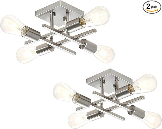 Industrial 4-Light Semi Flush Mount Ceiling Lighting Fixture, Modern Brushed Nickel Chandelier Light, Farmhouse Sputnik Ceiling Lamp with E26 Base for Bedroom Living Room Entryway, 2 Pack
