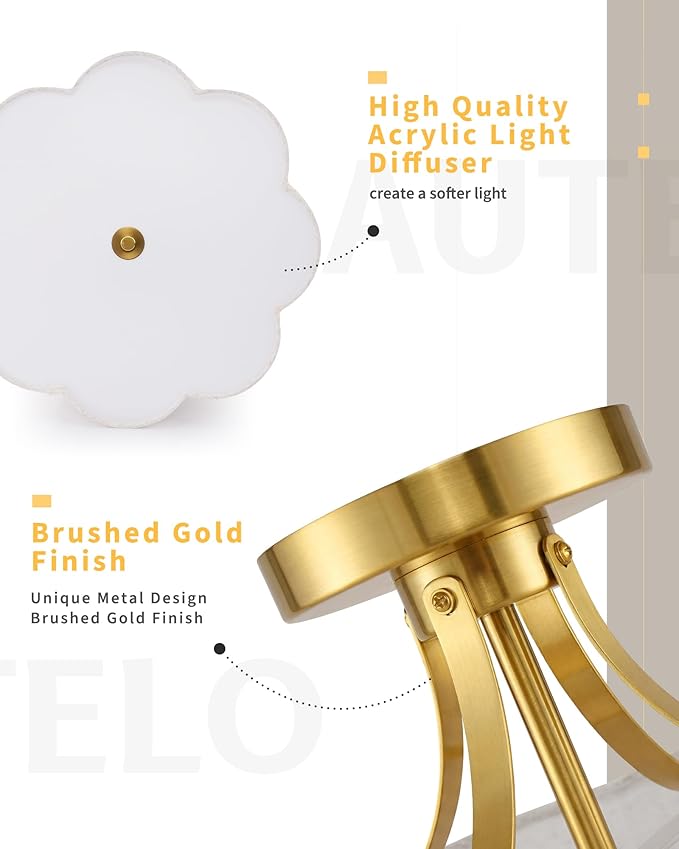 AUTELO 3-Light Bedroom Ceiling Light, 17.7 Inch Brushed Gold Semi Flush Mount Ceiling Light with Flower-Shaped White Fabric, Farmhouse Ceiling Light for Bedroom Hallway, C2507 BGL-8