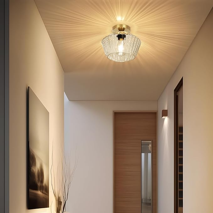 FRIDEKO HOME Semi Flush Mount Ceiling Light - Glass Hallway Lighting Fixtures Ceiling Black Ceiling Light Fixture for Hallway Bedroom Kitchen Bathroom Entryway (Bronze Gold)