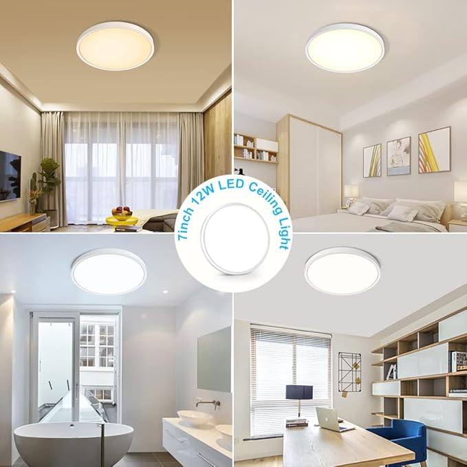 inShareplus 7-inch LED Flush Mount Ceiling Light, White 12W (120W Equiv) 6000K Cold White, Super Bright, Ultra-Thin, 1500LM Ceiling Lamp for Bedroom, Kitchen, Office, Hallway