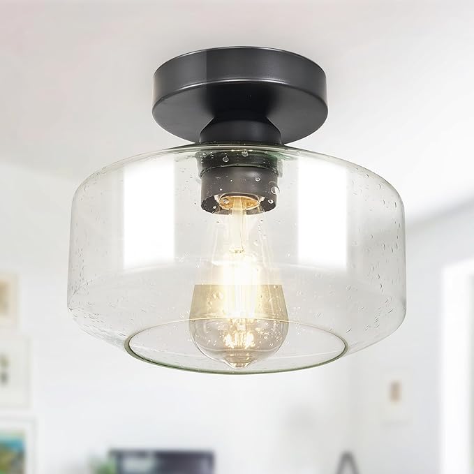 Industrial Semi Flush Mount Ceiling Light: Black Seeded Glass Kitchen Lighting Fixtures Ceiling - Vintage Hallway Light Fixtures E26 Bulb Included - 8.46” Light Fixtures Mount for Foyer