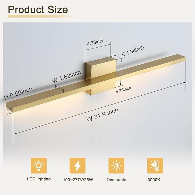 Gold Bathroom Light Fixtures Over Mirror, 32 Inch Brass Bathroom Vanity Light, LED Modern Wall Sconce 3000K Bar Vanity Lights