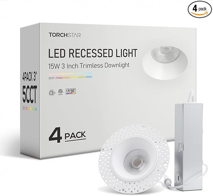 TORCHSTAR LED 3 Inch 15W 5CCT Recessed Lights with J-Box, Receessed Ceiling Light, Round Trimless Downlight, Dimmable, CRI 90, 2700-5000K Selectable, ETL, Pack of 4