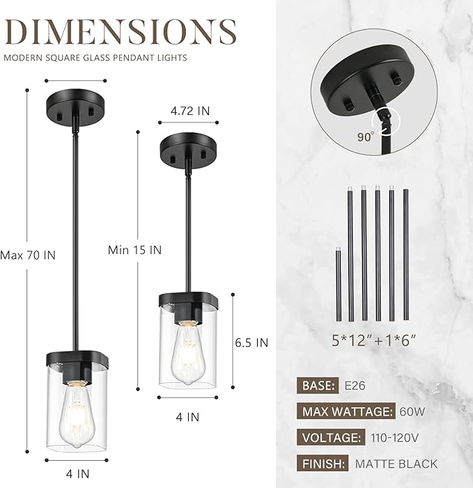 Modern Pendant Light Fixtures 2-Pack, Matte Black Pendant Lights Kitchen Island with Square Transparent Glass, Glass Pendant Light for Dining Room, Bedroom, Living Room, Farmhouse
