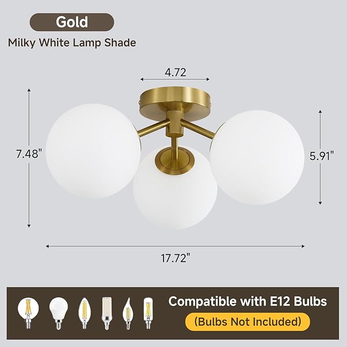Gold Globe Semi Flush Mount Ceiling Light Mid Century Modern Milk Glass Ceiling Light Fixture Linear Sputnik Matte Chandelier for Bedroom Living Room Entryway Dining Room Hallway
