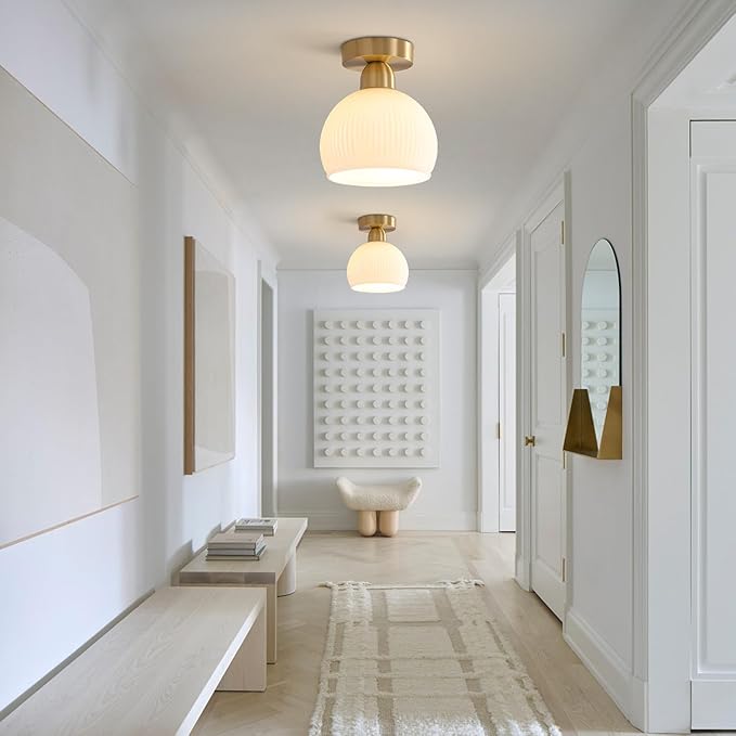 KCO Lighting Milk Glass Flush Mount Ceiling Light Fixture Small Brass Flush Mount Light Modern Gold Globe Semi Flush Mount Ceiling Light White Entryway Light Fixture