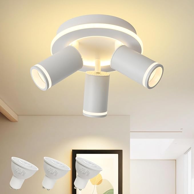 LED 3 Light Track Lighting Kit, White Round Ceiling Spot Lighting Fixture with Flexibly Rotatable Heads, Modern Spotlight for Kitchen, Living Room, Bedroom, Dual Lighting Design,Includes 3 x GU10 Bulb