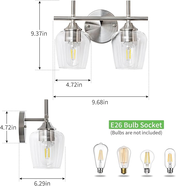 Bathroom Vanity Light Fixtures, 3-Lights Over Mirror Modern Vanity Lighting with Clear Wine Glass Shade Wall Lamp for Bedroom Hallway Living Room (Nickel, 2-Light)