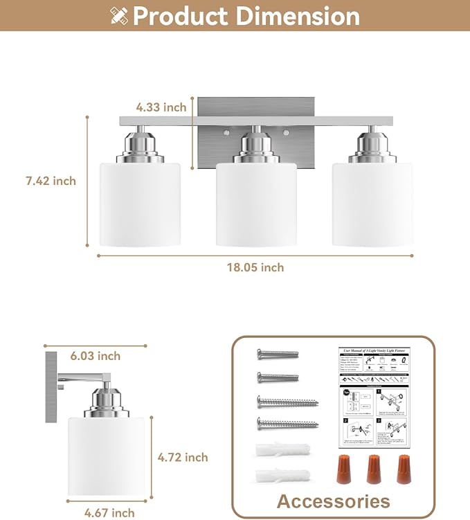 Sailstar Bathroom Light Fixtures Over Mirror, 3-Light Vanity Lights Brushed Nickel, Modern Bathroom Vanity Light, Glass Shade & Anti-Rust Nickel Finished, Bathroom Light for Small Space