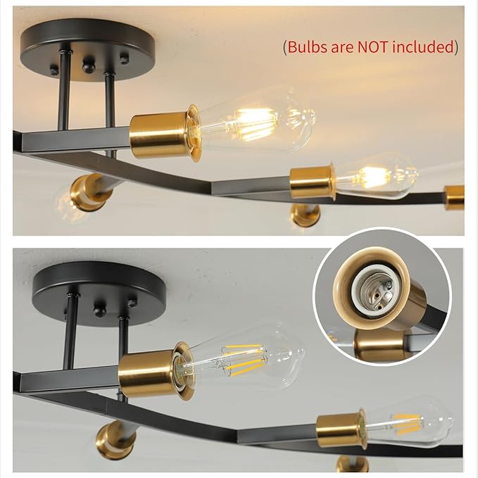 Modern Semi Flush Mount Ceiling Light Fixture for Kitchen Island,Black and Gold 7-Lights Sputnik Chandelier for Living Room,Bedroom,Office(Bulbs Not Included)