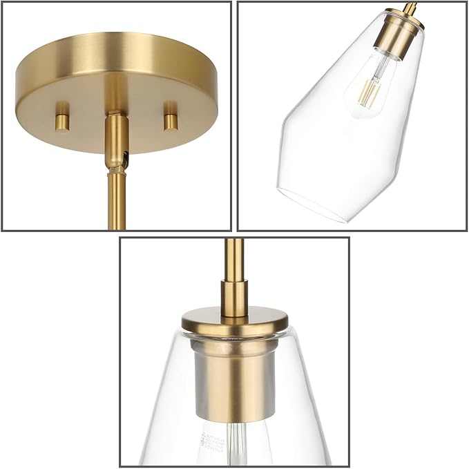 XiNBEi Lighting Brass Pendant Lights Kitchen Island, Modern Farmhouse Dining Room Light Fixtures Over Table Brushed Brass Glass Kitchen Hanging Lights for Bedroom,Bar,Sink XB-P1228-BS